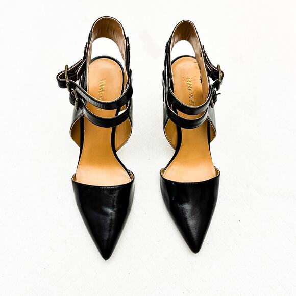 Nine West Black Double Strap Pointy Toe Leather Stiletto Heel Size 9.5 - Picture 1 of 5